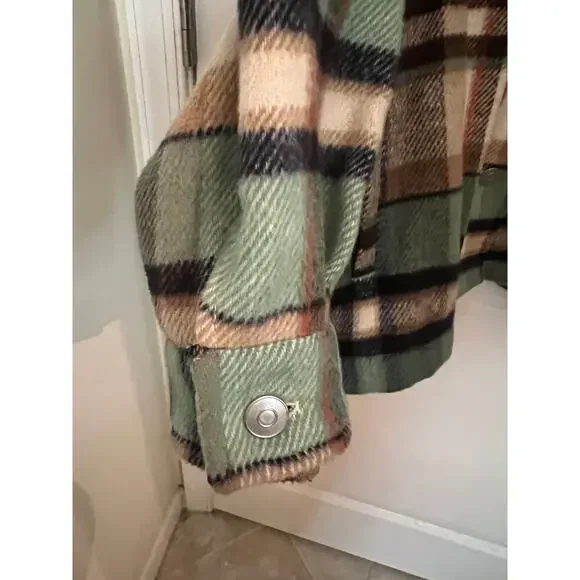 Zara Women's Large Button Down Shirt Check Plaid Beige Green Oversized Jacket - Picture 5 of 8